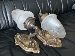 Art Nouveau copper wall arm with a pair of polished glass shades