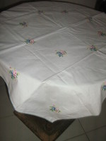 Beautiful embroidered tiny cross-stitch floral white tablecloth