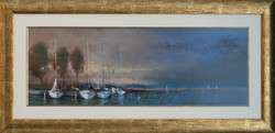 Ede Pósa, Balaton Harbor, 23x66 cm pastel painting in a quality frame