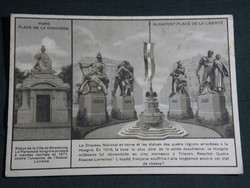 Postcard, irredenta, sculptures of four landscape units separated from greater Hungary, country flag