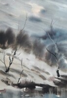 Watercolor marked Máthé, Transylvanian artist - with Romanian export stamp - winter landscape