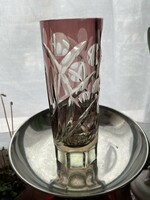 Régi csiszolt, színezett hántolt vastag falú üveg váza
