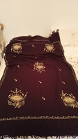 Wide burgundy scarf with machine embroidery? Cloth?