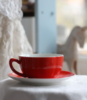 Zsolnay porcelain, shield-stamped, red tea cup set, rare shape and coloring