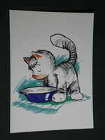 Képeslap, Állami gondozott gyerekekért alapítvány, grafikai rajzos, állatok, macska, cica