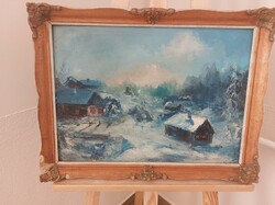 (K) winter landscape with houses signed landscape painting with 54x41 cm frame