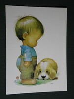 Postcard, ruth morehead graphics, cartoon, little boy with dog