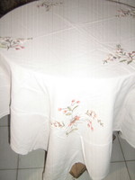 Beautiful antique pastel floral hand-embroidered azure tablecloth