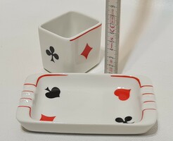 Hollóházi francia kártya mintás porcelán cigaretta kínáló és hamutál (2917)