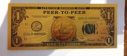 1 Litecoin - colored. Gold-plated, plastic fantasy banknote