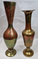 Large color engraved and painted marked flawless Indian copper vases sold together 34 and 30 cm.