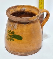 Folk ceramic mug with white floral pattern, light brown glaze (2918)
