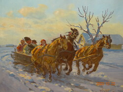 János Viski (Szokolya 1891-): on a sleigh (winter triple tooth)