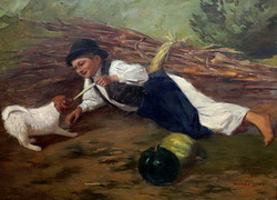 Peske geza: boy playing with a dog, with guarantee
