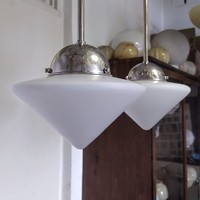 A pair of art deco nickel-plated ceiling lamps renovated - cone-shaped milk glass shade