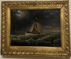 Small oil/canvas picture. Ship on the stormy sea.