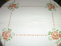 Beautiful antique vintage rosy hand embroidered elegant tablecloth