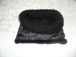 Black plush knitted tube scarf