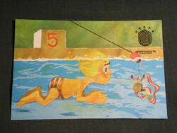 Postcard, romania bucuresti - universiada 1981, summer sports competition, graphic designer, swimming