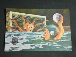Képeslap,Postcard,Romania Bucuresti - Universiada 1981,nyári sportverseny,grafikai rajzos, vízilabda