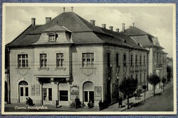 Csorna village hall, with butcher shop, bicycle - photo postcard 1934