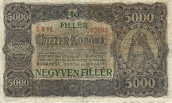 5000 korona / 40 fillér 1923 Nyomdahely nélkül Restaurált 1.