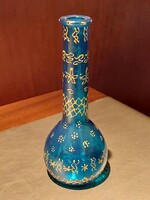 Small blue glass vase with hand-painted gold decoration. 19 cm high.