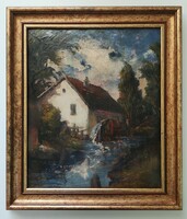 Old mill. Marked, old oil painting, approx. 1920-30.