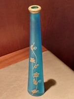 A blue glass vase with a golden mouth with hand-painted gold decoration. 31 cm high.