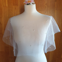 Wedding bol06 - elegant white beaded bolero, cape boat-shaped neckline
