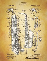 Régi szaxofon Stover 1915 klasszikus hangszerek szabadalmi rajzainak nyomatai, komolyzene, jazz
