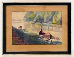 Eredeti TIPARY DEZSŐ (1887 - 1967) - Dunapart, akvarell "bontatlan" állapotban hagyatékból!