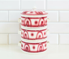 Granite small food container - with a bright spray-painted pattern - 3 parts, 3 bowls + lid