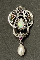 Special Art Nouveau silver pendant with noble opal, ruby, fire enamel and marcasite /925/ --new