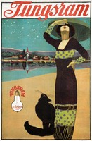 Vintage Tungsram reklám plakát reprint, Faragó Géza, fekete macska kalapos nő tópart csillagos ég