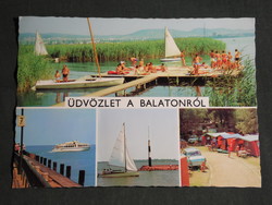 Postcard, balaton, mosaic details, pier, beach, sunbeds, camping, pleasure boat, sailing boat, view