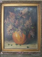 Antik festmény: Orgonacsendélet vázában  Olaj, festőkarton 50 x 40 cm  Dekoratív mű