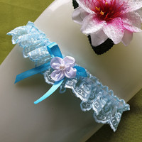 Wedding hak39 - 40mm sky blue floral lace garter, thigh lace