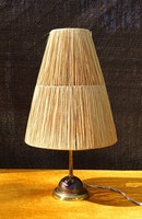 Antik régi asztali lámpa 1950 1960 -as évek réz lámpatest raffia szálas búra működőképes
