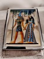 Metal cigarette case decorated with an Egyptian hologram image