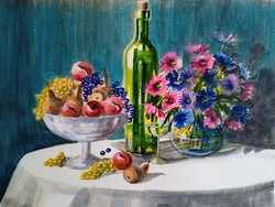 Fruit still life with asters - watercolor with a September mood