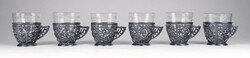 1Q260 Régi iparművészeti üvegbetétes ezüstözött fém pohár készlet 6 darab