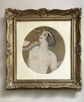 Art deco Cleopatra tapestry needlework nude female nude dancer with snake in blonde frame