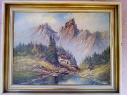 Stream in the southern dolomites, romantic landscape from Germany signed on oil canvas, framed