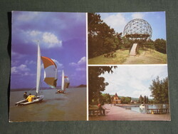 Postcard, balaton boglár, Révfülöp mosaic details, globe observatory, sailing boat, boat station