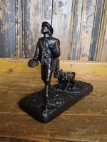 Bronze statue, early 20th century, hunter with his dog, cigarette and match holder, 18th century scene