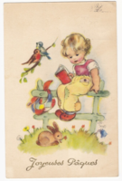 Little girl with bunny and birds - Easter postcard