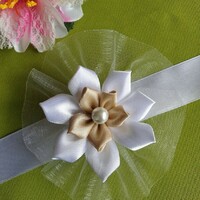 Wedding csd13 - organza based snow white and beige satin and beaded floral wristband
