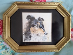 Scottish shepherd dog in a watercolor gold frame