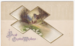 Easter greetings - textile insert, embossed postcard from 1917